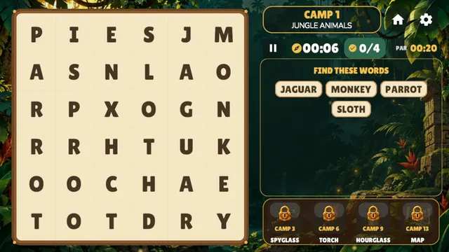 Word Hunt Quest Camp 1 Jungle Animals letter grid