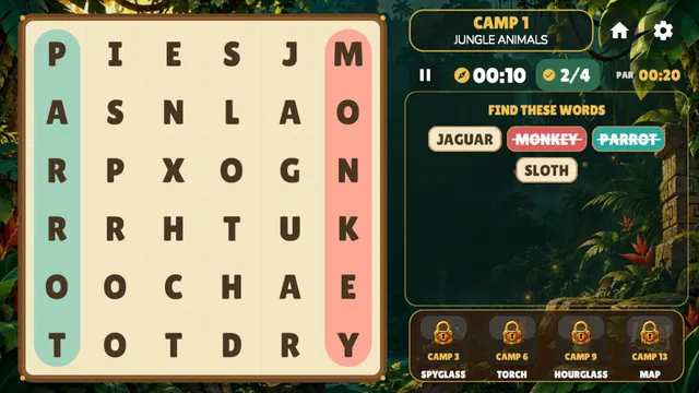 Word Hunt Quest with PARROT and MONKEY found, 2 of 4