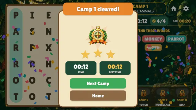 Word Hunt Quest: Camp 1 cleared in 12 seconds with three stars