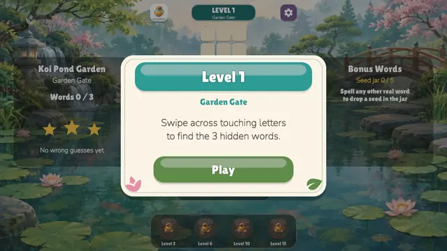 Word Tiles level Garden Gate with a 3x3 board of letter tiles by a koi pond