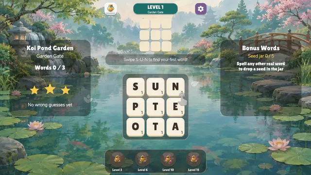 Hint telling the player to swipe S-U-N to find the first word