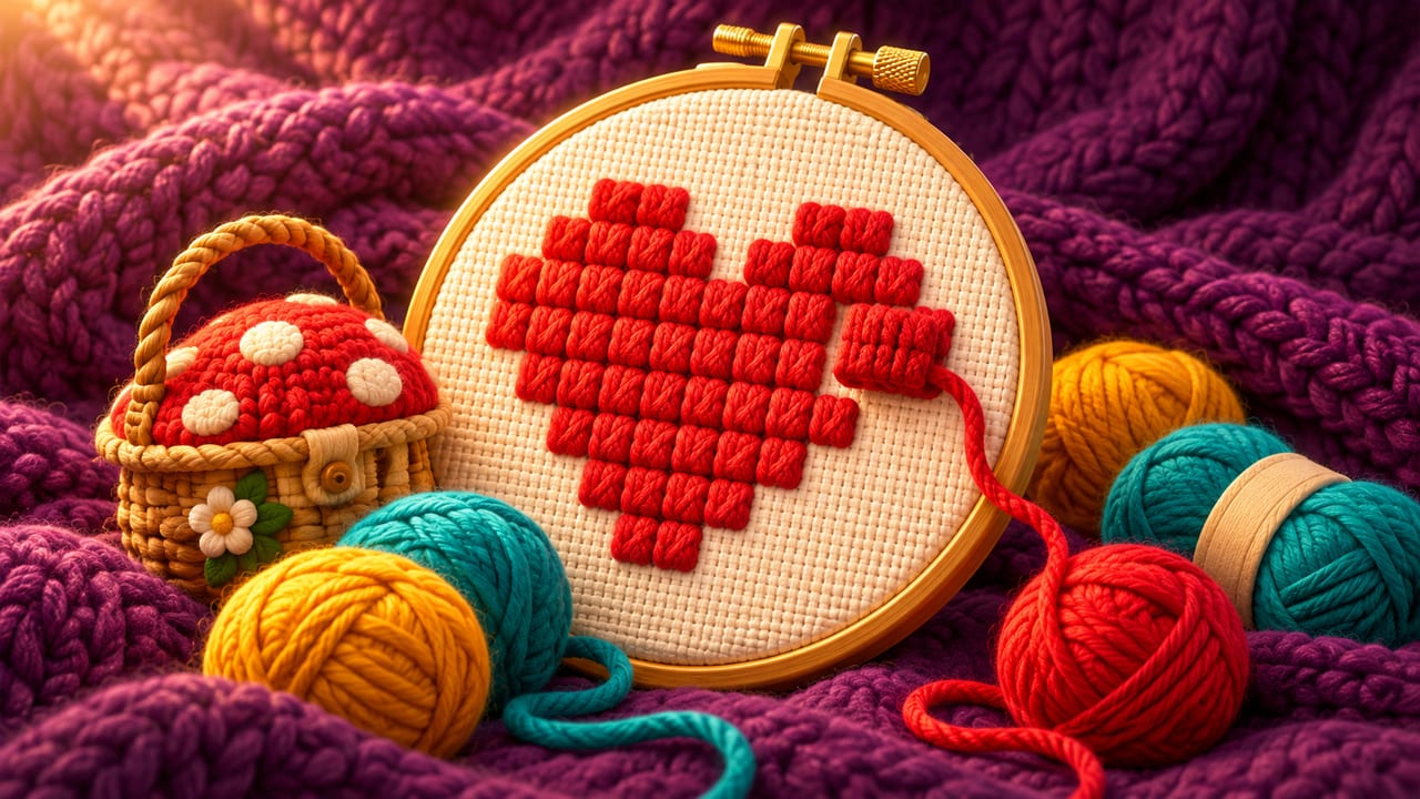 A knitted red heart in an embroidery hoop with balls of yarn